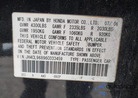 2006 Acura Tsx z USA, uszkodzony, nr VIN JH4CL96896C033459